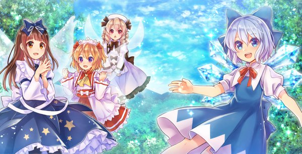Anime picture 1800x922 with touhou cirno star sapphire luna child sunny milk neme long hair fringe highres short hair open mouth blue eyes blonde hair hair between eyes red eyes brown hair wide image multiple girls brown eyes blue hair