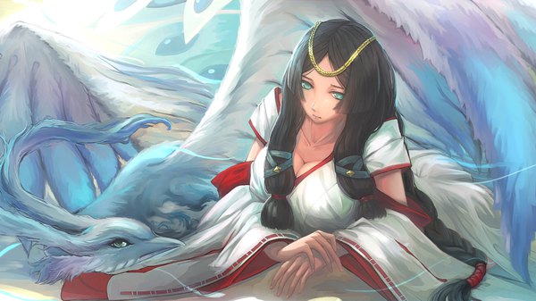 Anime picture 2000x1125 with original kikivi single looking at viewer highres blue eyes black hair wide image braid (braids) very long hair girl hair ornament detached sleeves wings