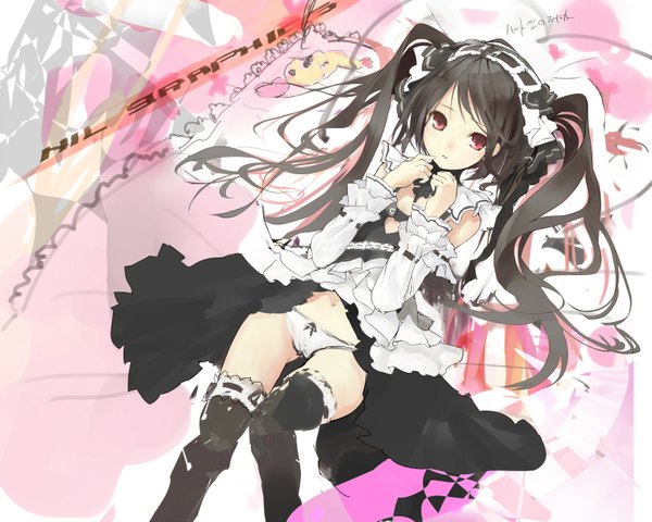 Anime picture 1615x1294 with nil (artist) single long hair light erotic black hair red eyes twintails lying inscription girl thighhighs dress navel underwear panties detached sleeves