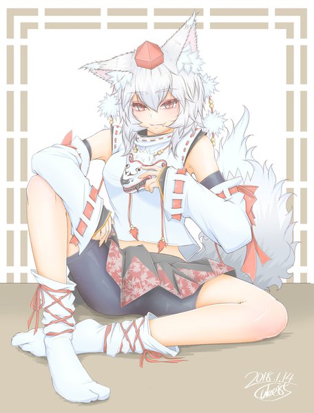 Anime picture 1334x1754 with touhou inubashiri momiji cube85 single long hair tall image looking at viewer fringe breasts smile hair between eyes red eyes sitting holding signed animal ears full body white hair tail long sleeves