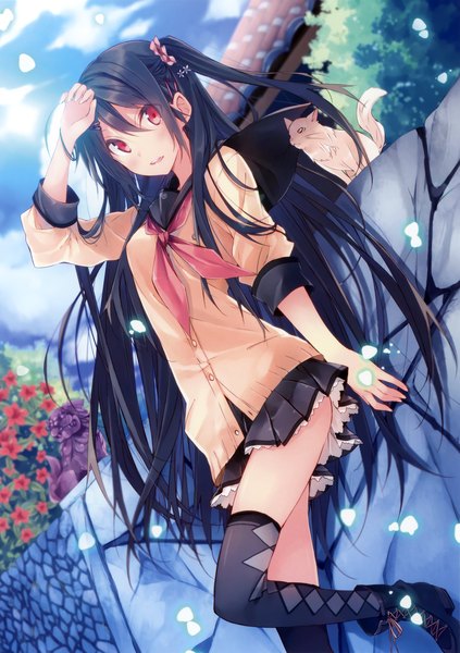 Anime picture 2220x3145 with original kuwashima rein single long hair tall image looking at viewer blush highres black hair red eyes scan girl thighhighs skirt uniform flower (flowers) black thighhighs school uniform animal petals