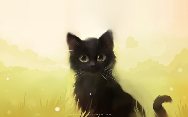 Anime picture 1920x1200 with original apofiss looking at viewer highres wide image green eyes signed nature plant (plants) animal cat grass fireflies