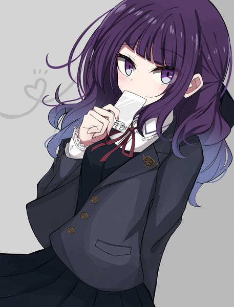 Anime-Bild 2746x3608 mit idolmaster idolmaster shiny colors tanaka mamimi meiji (meizi493) single long hair tall image looking at viewer fringe highres simple background purple eyes purple hair blunt bangs grey background half updo covered mouth heart of string girl heart