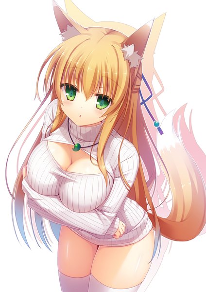 Anime picture 1653x2339 with original yuzu modoki single long hair tall image looking at viewer breasts light erotic blonde hair large breasts white background green eyes animal ears tail animal tail fox ears fox tail fox girl girl thighhighs