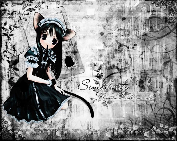 Anime picture 1280x1024 with aojiru ocelotisun single long hair black hair holding signed animal ears tail head tilt animal tail black eyes maid mouth hold third-party edit floral background extended mouse girl girl dress