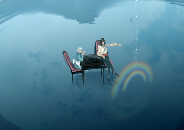 Anime picture 1800x1273 with howl's moving castle studio ghibli howl sophie hatter akkc highres blue eyes black hair sitting silver hair eyes closed magic girl boy water apron pants chair table rainbow