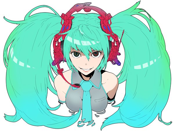 Anime picture 2000x1500 with vocaloid hatsune miku jaco single long hair looking at viewer fringe highres breasts simple background smile hair between eyes red eyes white background twintails yellow eyes black eyes aqua hair heterochromia grin