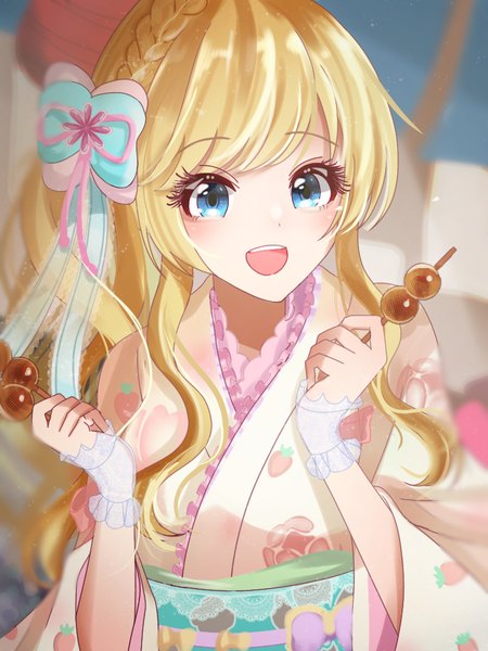 Anime picture 768x1024 with idolmaster idolmaster cinderella girls idolmaster cinderella girls starlight stage ootsuki yui morinaga (kisoapple) single long hair tall image blush fringe open mouth blue eyes blonde hair smile holding payot upper body braid (braids) traditional clothes :d