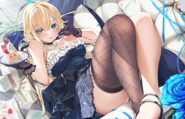 Anime picture 4026x2596 with virtual youtuber vspo! aizawa ema ruo single long hair looking at viewer blush fringe highres blue eyes light erotic blonde hair hair between eyes holding absurdres bent knee (knees) from above depth of field eating