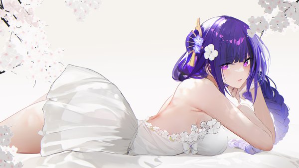 Anime picture 7680x4320 with genshin impact raiden shogun omone hokoma agm single long hair looking at viewer fringe highres breasts simple background wide image large breasts white background absurdres purple hair lying blunt bangs braid (braids) parted lips pink eyes