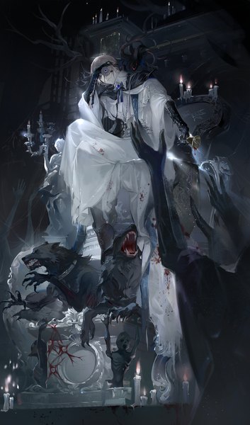 Anime-Bild 1500x2550 mit bloodborne from software laurence the first vicar bloodytongue666 tall image short hair blue eyes blonde hair sitting holding arm up from below looking down solo focus covering eye (eyes) boy gloves animal black gloves candle (candles)