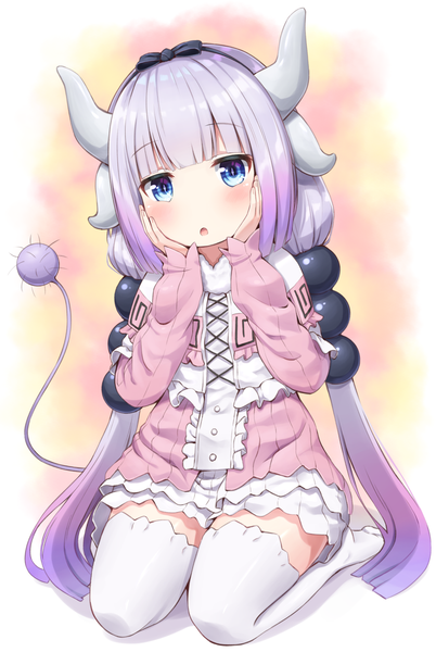 Anime picture 1009x1504 with kobayashi-san chi no maidragon kyoto animation kanna kamui superpig (wlstjqdla) single long hair tall image blush fringe open mouth blue eyes simple background sitting twintails payot purple hair full body blunt bangs multicolored hair horn (horns)