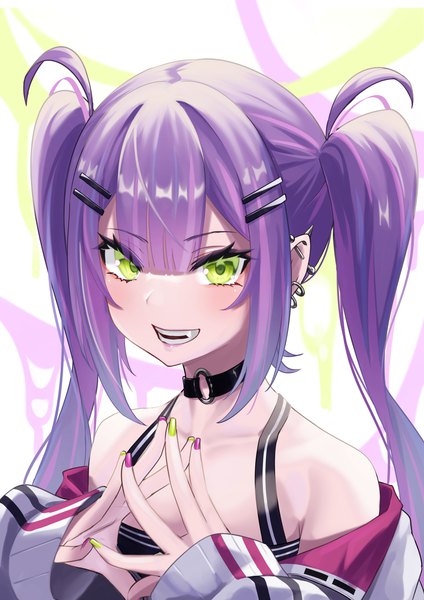 Anime picture 1000x1414 with virtual youtuber hololive tokoyami towa tokoyami towa (1st costume) bob-the-bison single long hair tall image fringe smile twintails green eyes looking away purple hair nail polish grin piercing ear piercing fingers together multicolored nail polish