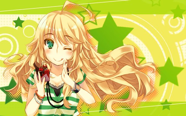 Anime picture 1824x1140 with idolmaster hoshii miki onodera single long hair looking at viewer blush highres breasts blonde hair smile green eyes ahoge one eye closed wink girl bracelet sweets tongue star (symbol)