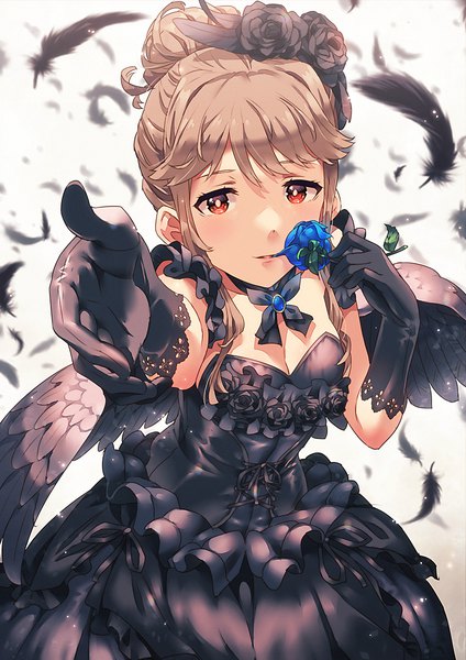 Anime picture 849x1200 with idolmaster idolmaster million live! tenkubashi tomoka narumi arata single tall image looking at viewer fringe short hair red eyes brown hair payot cleavage hair flower from above hair bun (hair buns) black wings outstretched hand girl dress