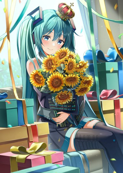 Anime picture 1063x1500 with vocaloid hatsune miku yuuka nonoko single tall image blush fringe blue eyes smile hair between eyes sitting twintails very long hair aqua hair girl thighhighs flower (flowers) ribbon (ribbons) black thighhighs detached sleeves