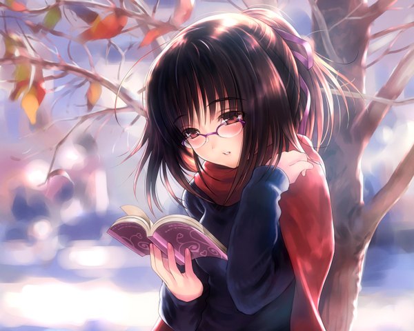 Anime picture 2900x2320 with original goto p single blush highres brown hair holding brown eyes ponytail fingernails autumn reading soft beauty girl ribbon (ribbons) plant (plants) hair ribbon tree (trees) glasses scarf