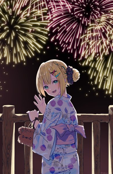 Anime picture 1200x1842 with virtual youtuber vspo! iris black games kurumi noah amopui single tall image looking at viewer short hair open mouth blue eyes blonde hair traditional clothes :d japanese clothes looking back night floral print fireworks waving