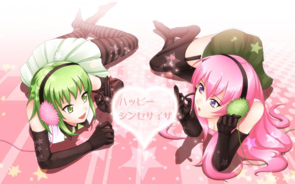 Anime picture 1440x900 with vocaloid megurine luka gumi r.p.s long hair short hair wide image purple eyes multiple girls green eyes pink hair lying green hair girl thighhighs gloves black thighhighs 2 girls elbow gloves headphones