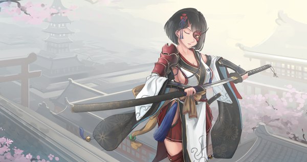 Anime picture 2176x1152 with original kikivi single highres short hair breasts light erotic black hair wide image large breasts eyes closed traditional clothes japanese clothes wide sleeves cherry blossoms architecture unsheathing east asian architecture girl hair ornament