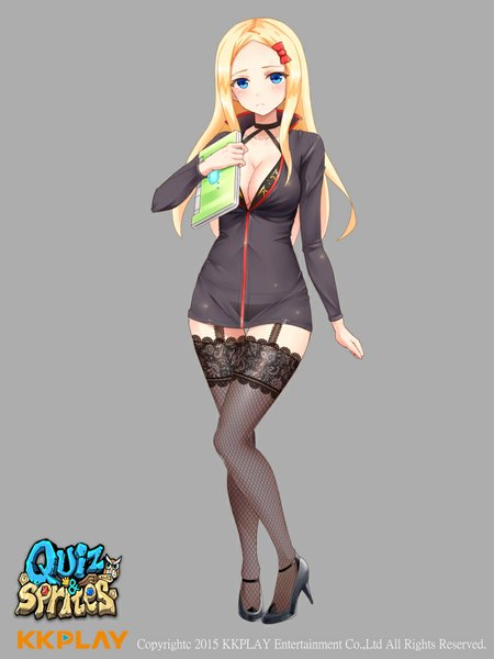 Anime picture 750x1000 with original yi l chen 5 single long hair tall image looking at viewer blush blue eyes light erotic simple background blonde hair grey background girl thighhighs bow black thighhighs hair bow suit