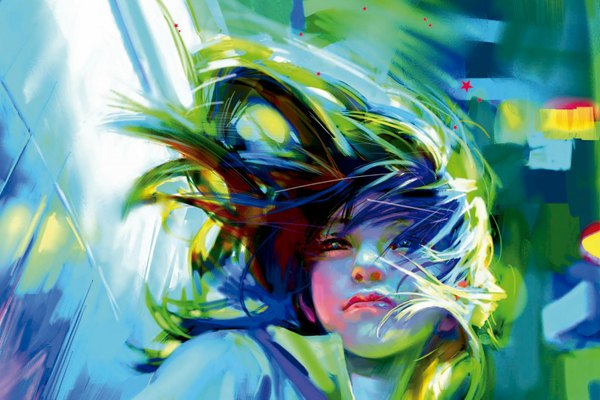 Аниме картинка 1600x1067 с benjamin (zhang bin) один (одна) длинные волосы разноцветные волосы ветер губы лицо разноцветные глаза девушка