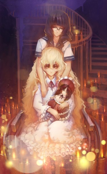 Anime picture 800x1293 with black rock shooter takanashi yomi izuriha kagari rained (artist) long hair tall image black hair blonde hair multiple girls yellow eyes eyes closed girl dress uniform 2 girls school uniform glasses stairs candle (candles) doll (dolls)