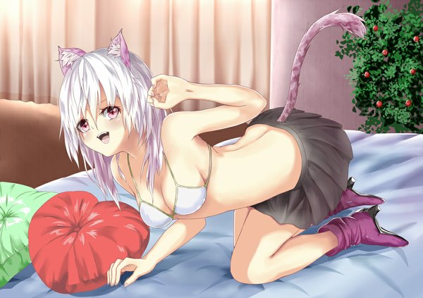 Anime picture 1024x723 with original nazhi single long hair blush breasts open mouth light erotic animal ears white hair tail animal tail pink eyes cat ears cat girl cat tail girl skirt pillow bed