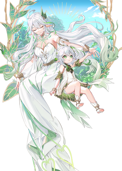 Anime picture 1430x2000 with genshin impact nahida (genshin impact) rukkhadevata (genshin impact) yu-ri long hair tall image fringe smile hair between eyes sitting multiple girls green eyes silver hair full body ahoge braid (braids) eyes closed pointy ears outstretched arm side ponytail