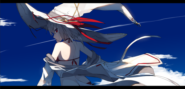 Anime picture 1302x630 with original nagishiro mito single long hair looking at viewer fringe light erotic red eyes wide image sky cloud (clouds) upper body outdoors profile looking back grey hair off shoulder open jacket dutch angle letterboxed
