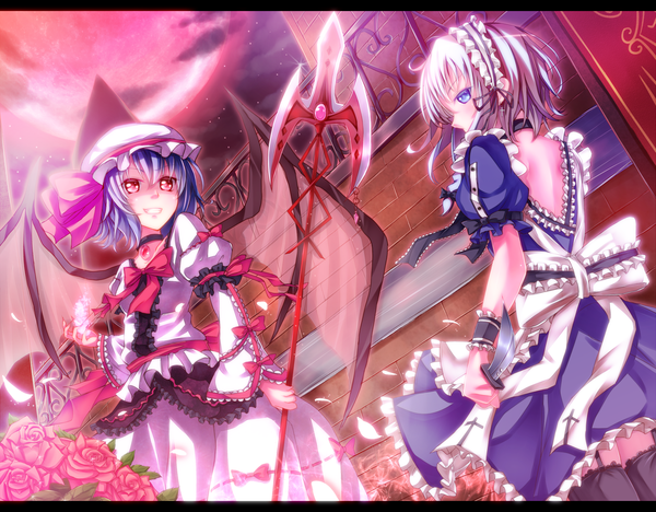 Anime picture 1900x1485 with touhou remilia scarlet izayoi sakuya dabadhi highres short hair blue eyes red eyes multiple girls blue hair white hair looking back maid back letterboxed red moon girl dress flower (flowers) bow