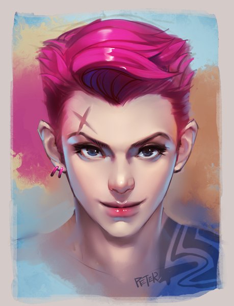 Anime picture 688x898 with overwatch blizzard entertainment zarya (overwatch) superschool48 single tall image looking at viewer short hair blue eyes smile signed pink hair realistic tattoo lipstick piercing portrait ear piercing scar pink lipstick