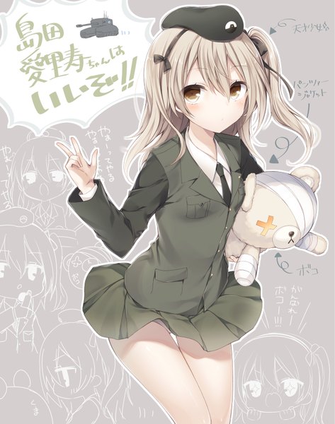 Anime picture 1282x1624 with girls und panzer shimada arisu boko (girls und panzer) komeshiro kasu single long hair tall image looking at viewer blush fringe light erotic brown hair brown eyes inscription :o one side up hieroglyph victory girl skirt