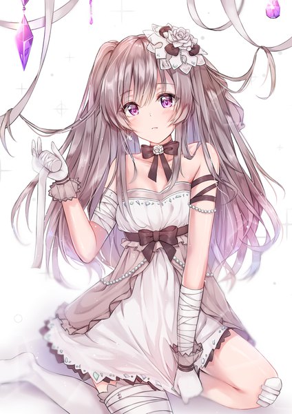 Anime picture 1500x2121 with idolmaster idolmaster shiny colors yuukoku kiriko cuna (qunya) single long hair tall image looking at viewer blush fringe breasts simple background hair between eyes white background sitting purple eyes twintails bare shoulders holding grey hair