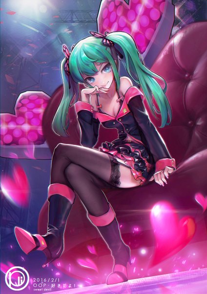 Anime picture 2000x2829 with vocaloid sweet devil (vocaloid) hatsune miku oop single long hair tall image looking at viewer blush fringe highres smile twintails bare shoulders signed payot cleavage full body bent knee (knees) indoors