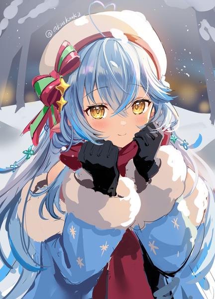 Anime picture 1000x1390 with virtual youtuber hololive yukihana lamy akamoku single long hair tall image looking at viewer blush fringe smile hair between eyes signed yellow eyes blue hair ahoge pointy ears twitter username christmas girl