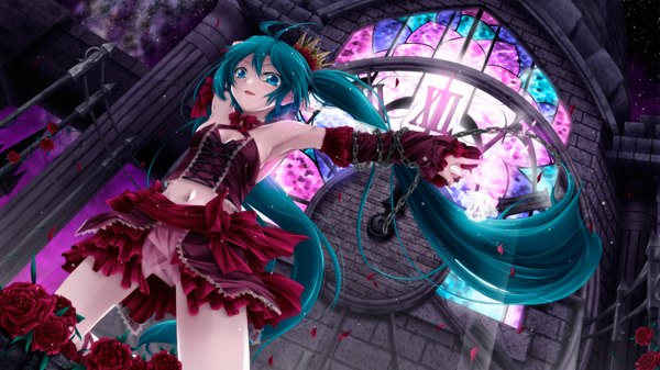 Anime picture 1920x1080 with project diva vocaloid hatsune miku tagme (artist) single highres blue eyes wide image twintails blue hair very long hair midriff girl dress navel flower (flowers) chain clock crown