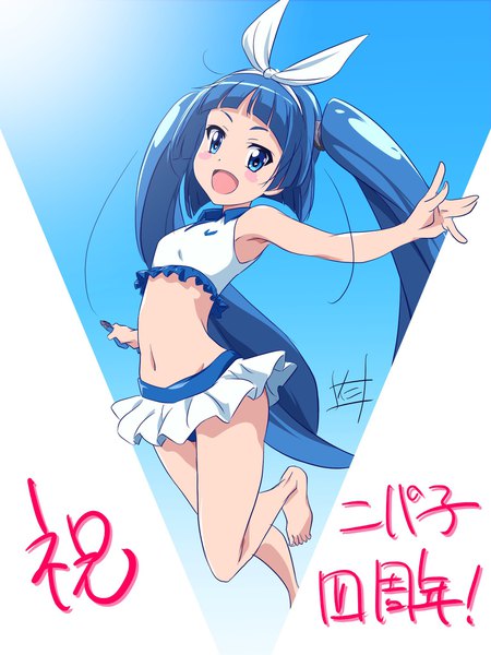 Anime picture 1536x2046 with ultimate nipper nipa-ko nii manabu single long hair tall image looking at viewer blush open mouth blue eyes twintails signed blue hair :d character names spread arms jumping girl bow swimsuit