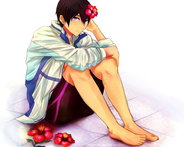 Anime picture 3150x2520 with free! kyoto animation nanase haruka (free!) punksgonedaft single looking at viewer fringe highres short hair blue eyes black hair simple background hair between eyes white background sitting signed absurdres full body bent knee (knees) barefoot