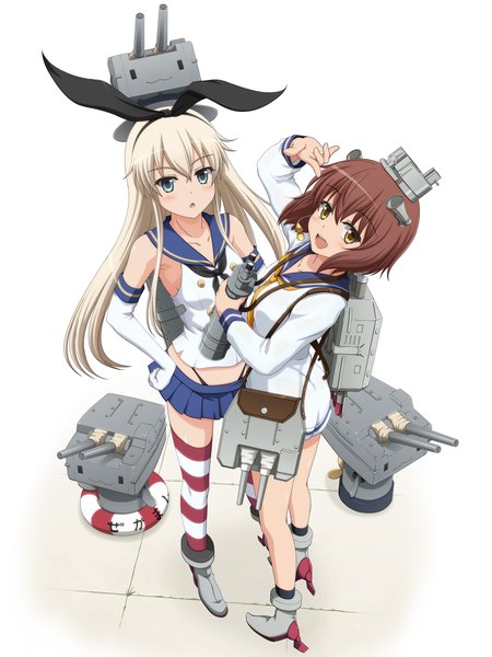 イラスト 1500x2000 と 艦隊これくしょん 島風(艦これ) 連装砲ちゃん 雪風(艦これ) しらニョロ 長髪 長身像 カメラ目線 赤面 短い髪 青い目 simple background 茶色の髪 白背景 multiple girls 茶目 全身 white hair 女の子 ストッキング