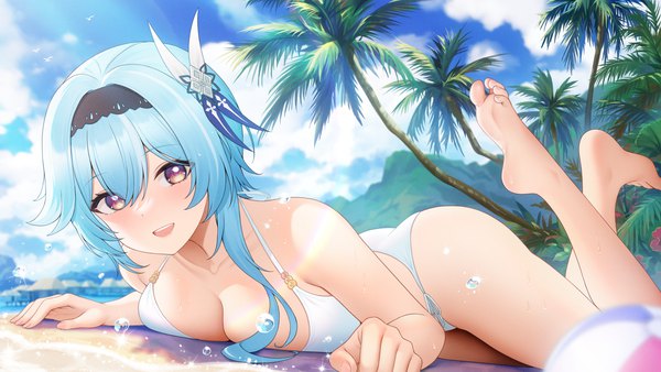 Anime picture 4096x2304 with genshin impact eula lawrence fukuro ko (greentea) single looking at viewer blush fringe highres short hair breasts open mouth light erotic hair between eyes wide image large breasts brown eyes blue hair absurdres sky cloud (clouds)