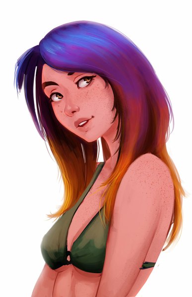 Anime picture 600x930 with carlos eduardo single long hair tall image open mouth light erotic simple background smile brown hair white background bare shoulders brown eyes purple hair multicolored hair teeth gradient hair freckles girl