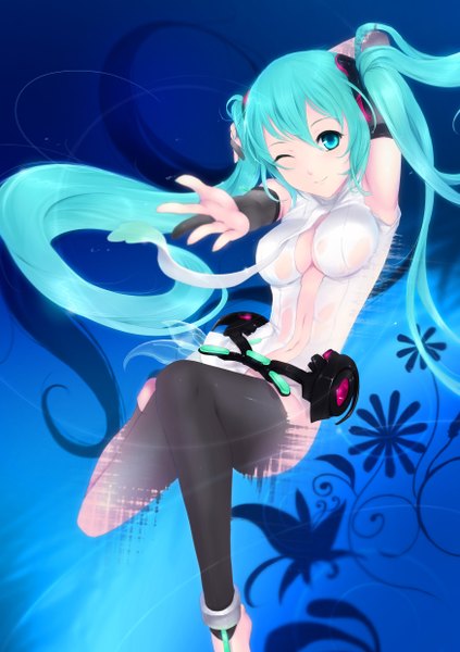 Anime picture 1748x2480 with vocaloid vocaloid append hatsune miku hatsune miku (append) cait tall image highres light erotic twintails green eyes green hair girl