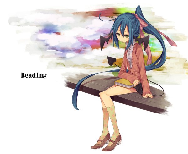 Anime picture 2314x1892 with original haruka (fizz) single long hair highres sitting green eyes blue hair ahoge ponytail tail very long hair pleated skirt inscription bat wings head wings girl ribbon (ribbons) hair ribbon miniskirt