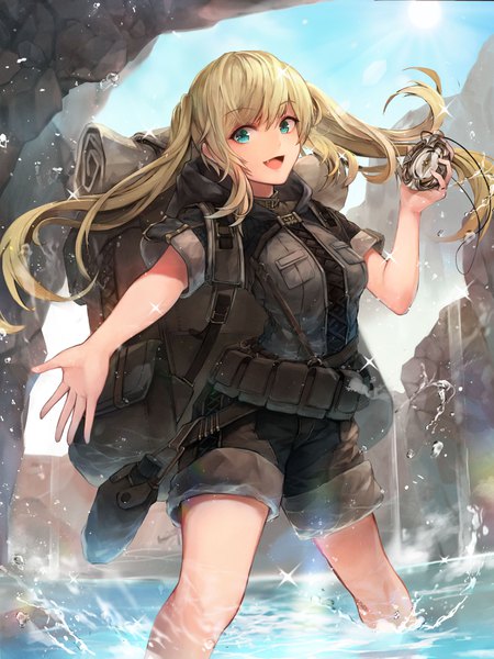 Anime picture 3000x4000 with original crystalherb single long hair tall image looking at viewer fringe highres breasts open mouth blonde hair smile hair between eyes standing twintails holding payot sky outdoors aqua eyes