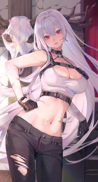 Anime picture 2022x3751 with azur lane sovetskaya rossiya (azur lane) sovetskaya rossiya (the lackadaisical lookout) (azur lane) bibimbub single long hair tall image looking at viewer fringe highres breasts light erotic hair between eyes red eyes large breasts standing cleavage silver hair indoors parted lips