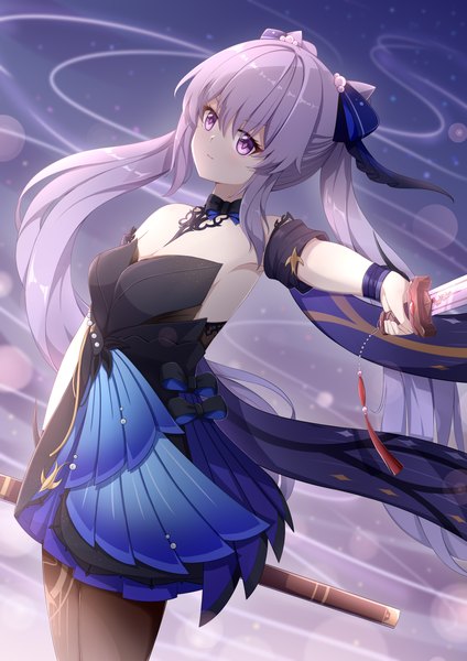 Anime picture 2894x4093 with genshin impact keqing (genshin impact) keqing (opulent splendor) (genshin impact) mxirony single tall image looking at viewer blush fringe highres breasts hair between eyes standing purple eyes twintails bare shoulders holding payot purple hair arm up