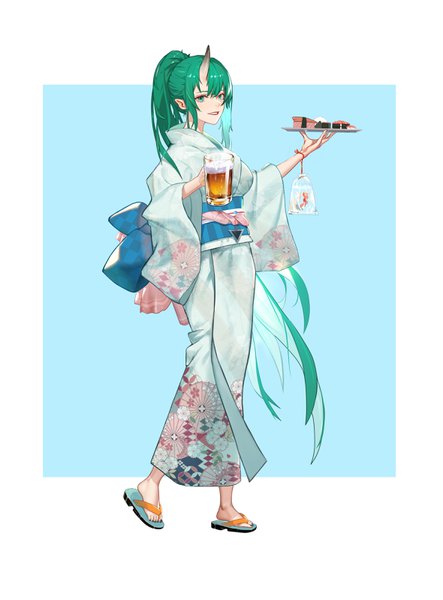 Anime picture 2359x3189 with arknights hoshiguma (arknights) ta03545 single tall image highres green eyes full body ponytail very long hair traditional clothes japanese clothes horn (horns) green hair oni horns girl animal food obi fish (fishes)