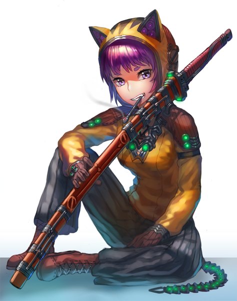 Anime picture 803x1017 with original kfr tall image looking at viewer simple background sitting purple eyes animal ears purple hair teeth fang (fangs) smoke gloves weapon sword katana hood pipe