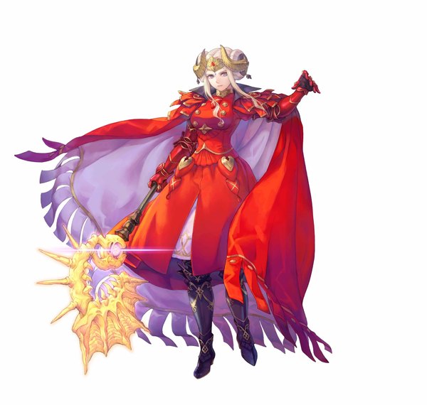 Anime picture 4000x3800 with fire emblem fire emblem: three houses fire emblem heroes nintendo edelgard von hresvelg haccan single looking at viewer highres short hair simple background standing white background purple eyes holding absurdres silver hair full body arm up horn (horns)